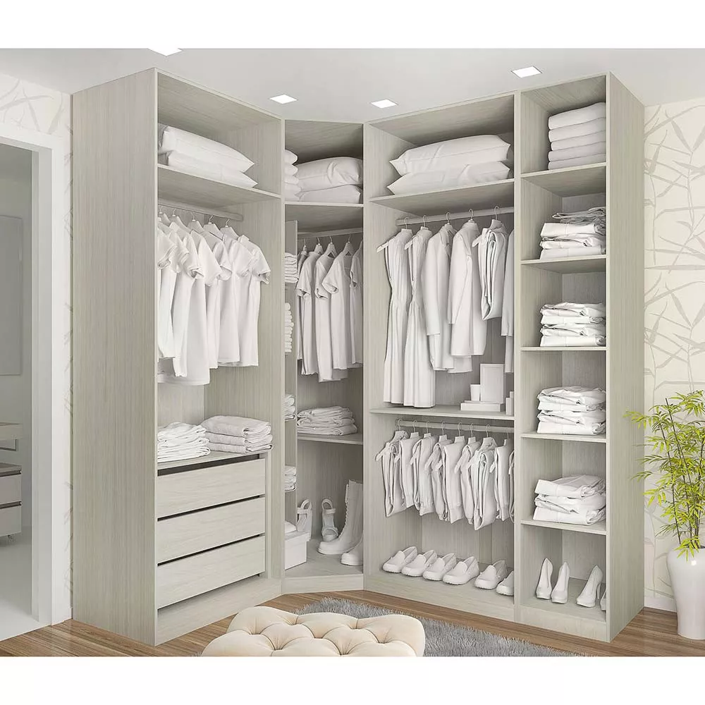 Guarda Roupas de Canto Closet Aberto 4 Módulos com 3 Gavetas 4 Cabideiros Prime Luciane Móveis