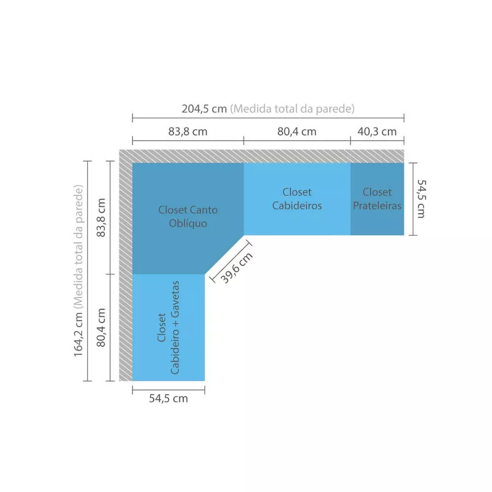 Guarda Roupas de Canto Closet Aberto 4 Módulos com 3 Gavetas 4 Cabideiros Prime Luciane Móveis