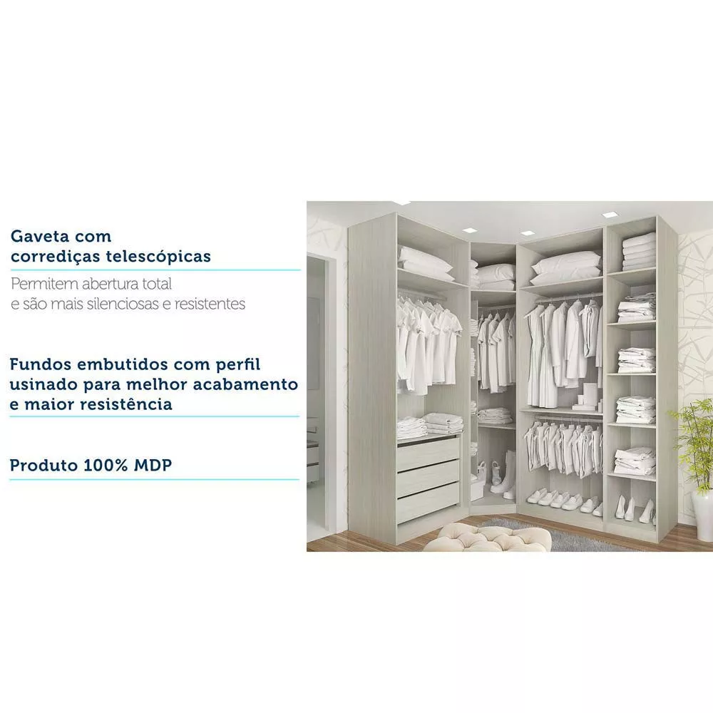 Guarda Roupas de Canto Closet Aberto 4 Módulos com 3 Gavetas 4 Cabideiros Prime Luciane Móveis