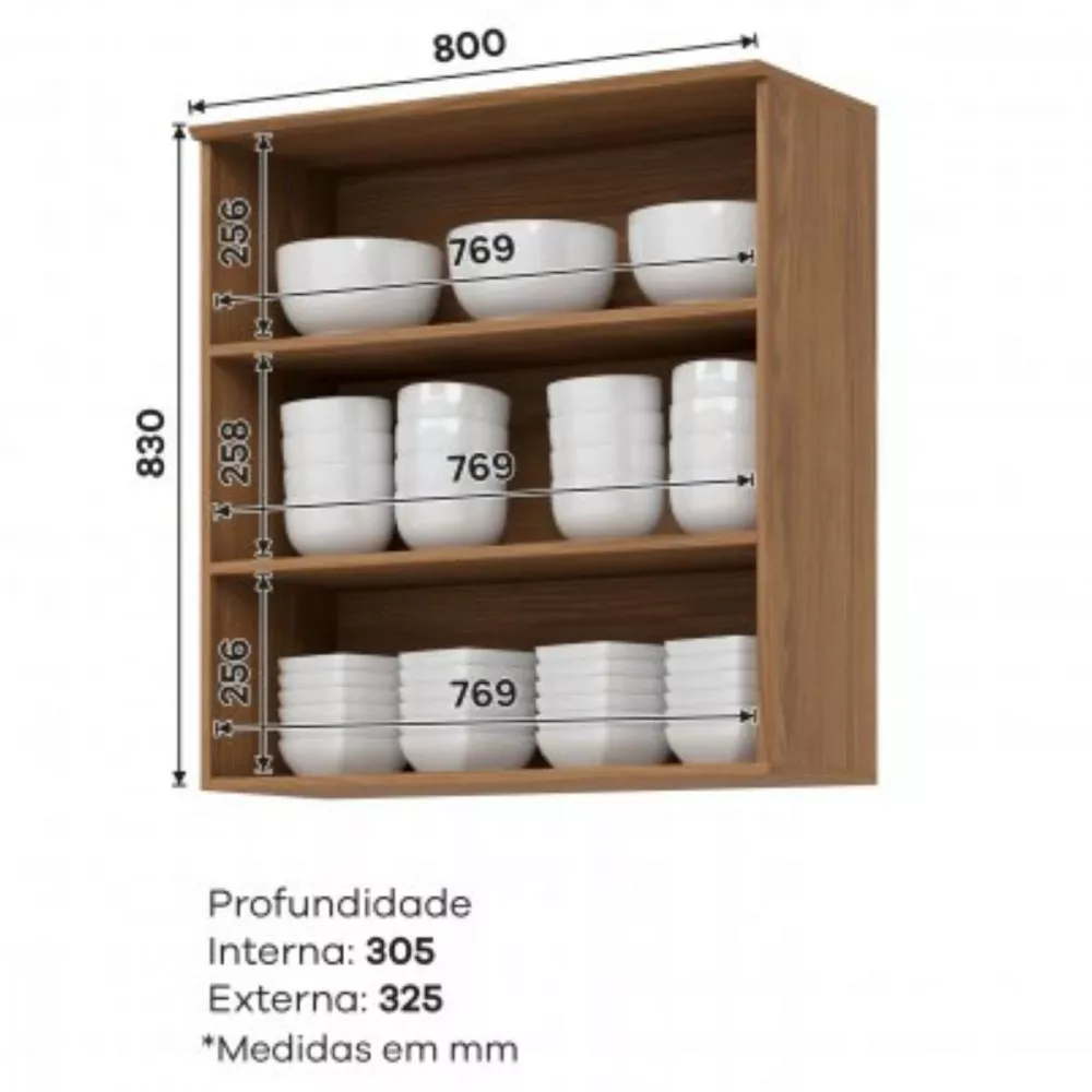 Armário Aéreo 2 Portas de Vidro 80cm Requinte Henn