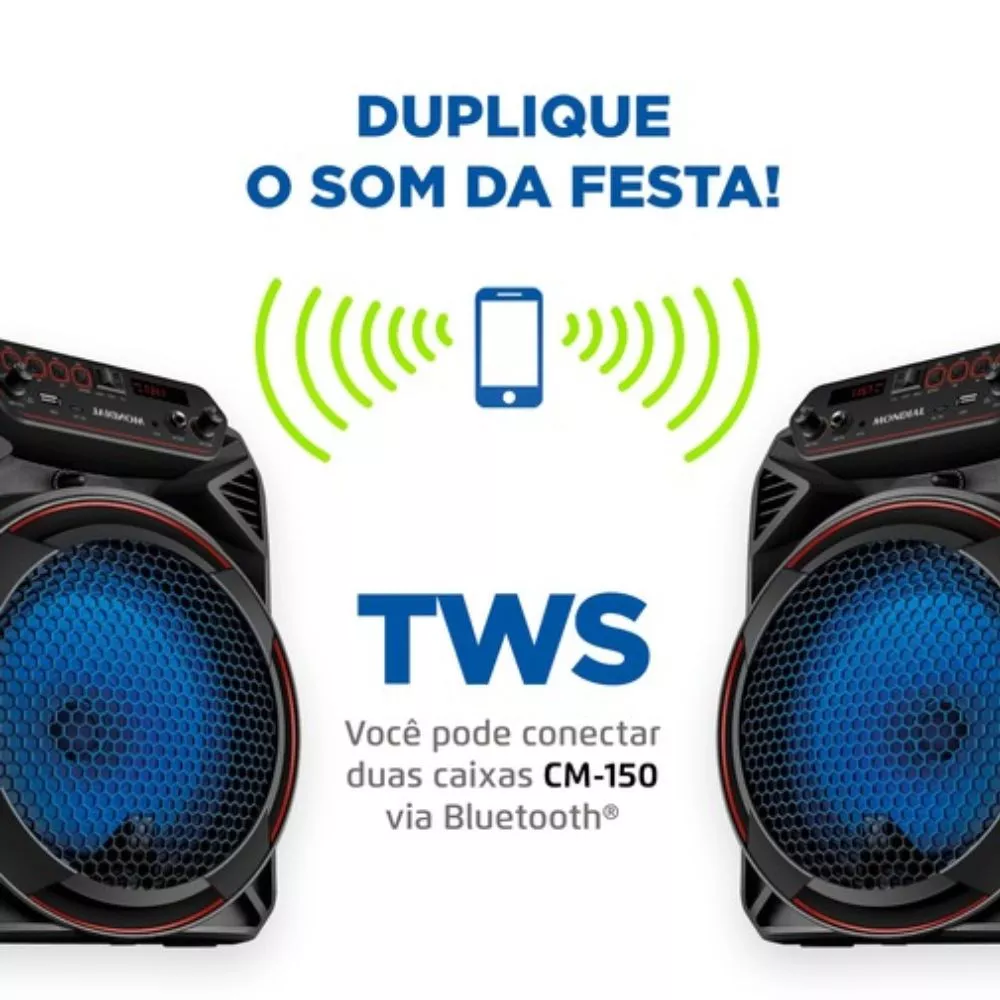 Caixa Amplificada Mondial CM-150 com Bluetooth, USB, Rádio FM e Função TWS - 150W