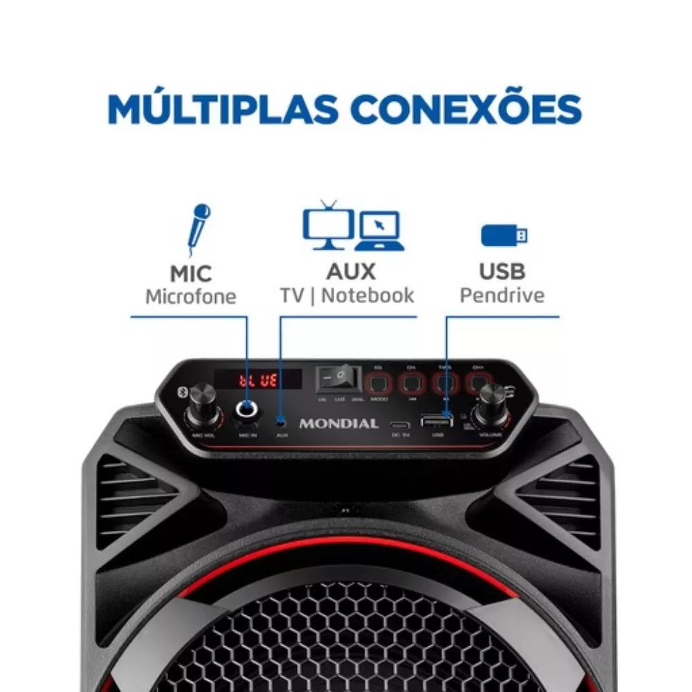 Caixa Amplificada Mondial CM-150 com Bluetooth, USB, Rádio FM e Função TWS - 150W