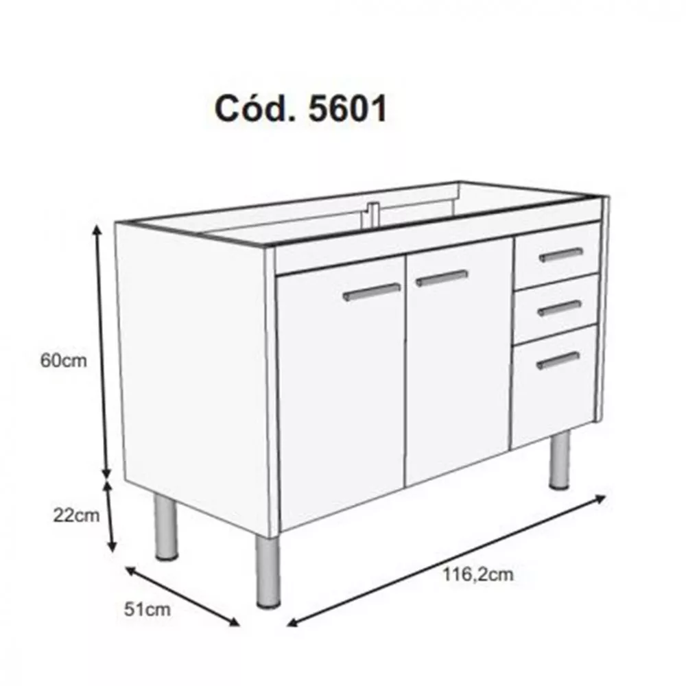 Balcão Para Cozinha Rorato Valenza Sem Tampo 2 Portas 3 Gavetas