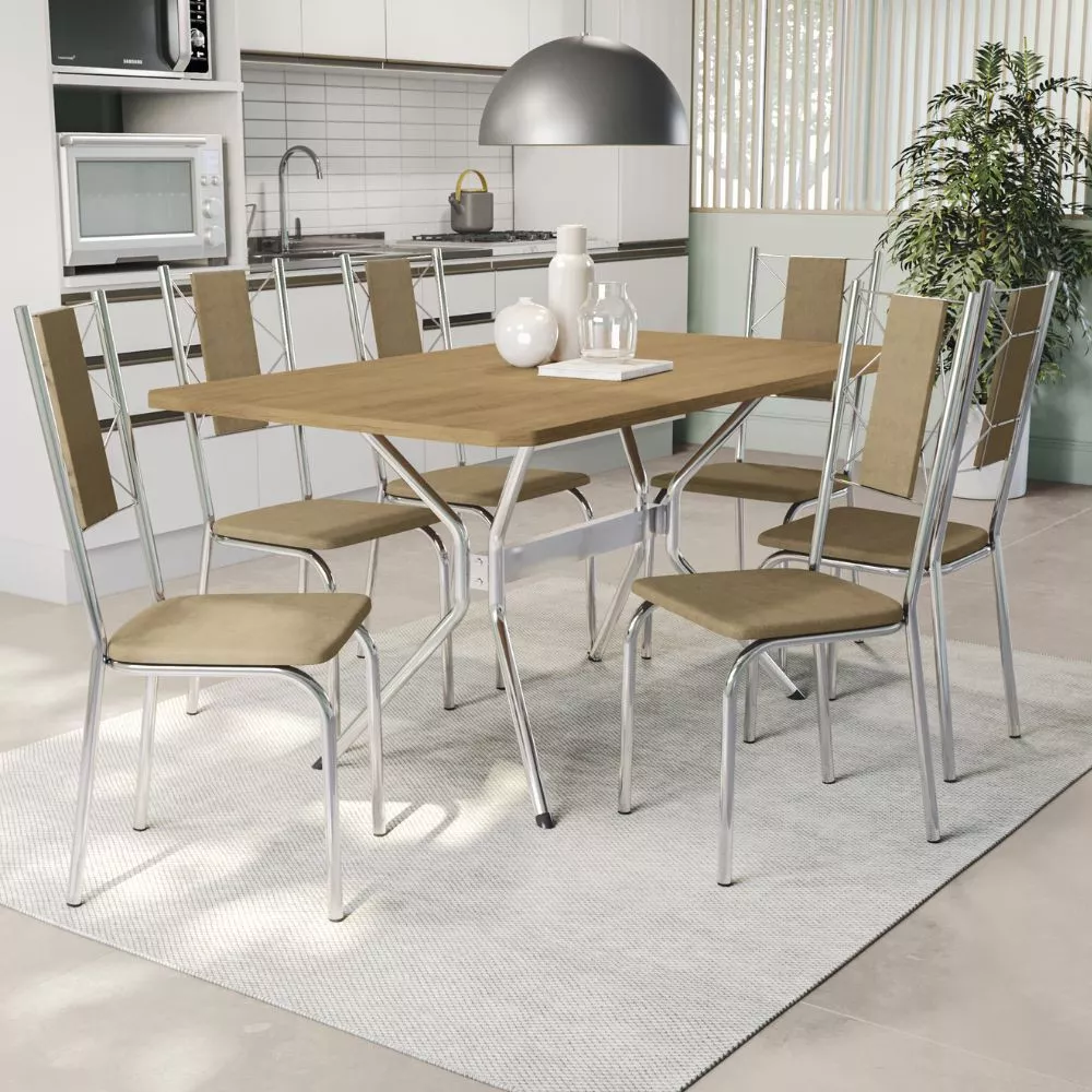 Conjunto de mesa 1,60m 6 cadeiras cromadas Kappesberg