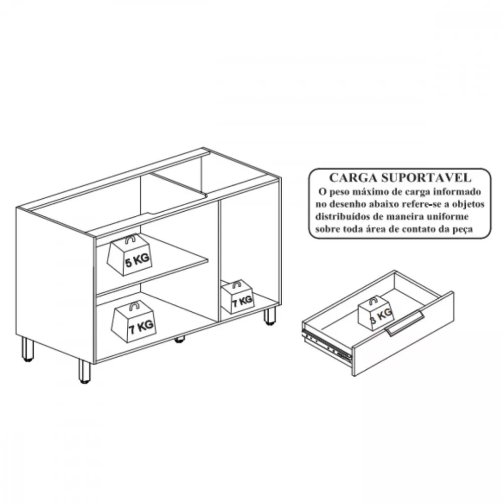 Balcão Cozinha Para Pia 3 Portas 2 Gavetas 1,20cm Paris Indekes