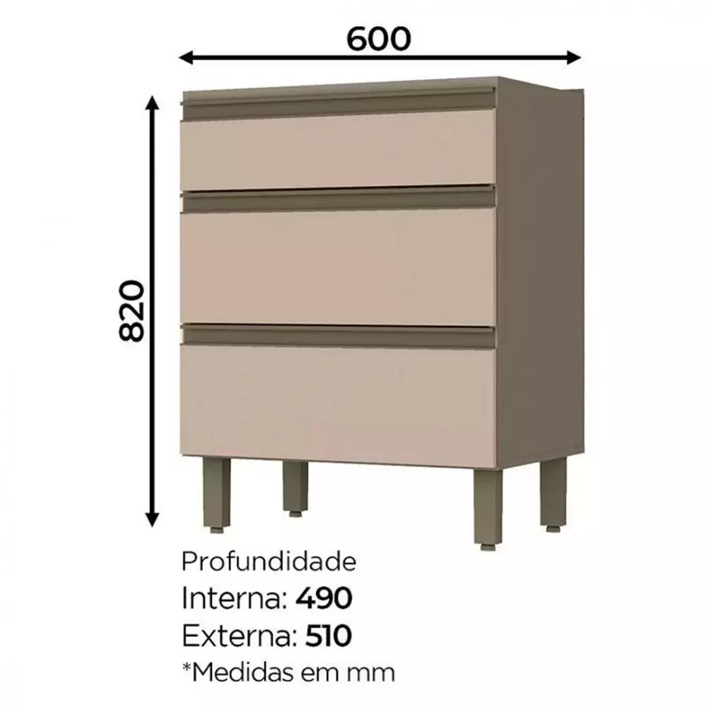 Balcão Henn Connect 3 Gavetas Sem Tampo 60 cm C63-35