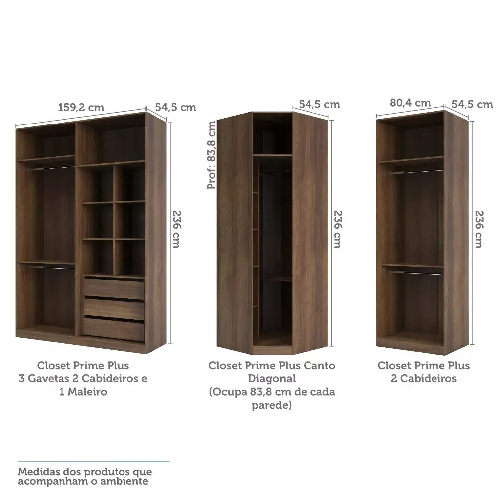 Guarda Roupas de Canto Closet Aberto 3 Módulos com 3 Gavetas 5 Cabideiros Prime Luciane Móveis