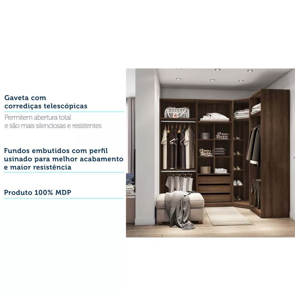 Guarda Roupas de Canto Closet Aberto 3 Módulos com 3 Gavetas 5 Cabideiros Prime Luciane Móveis