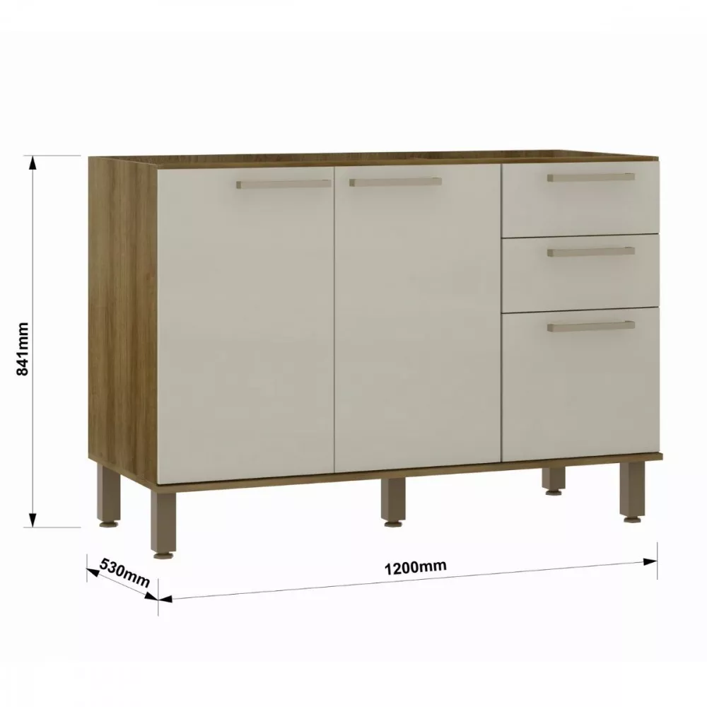 Balcão 3 Portas 2 Gavetas Sem Tampo 1,20cm Luciane Isis