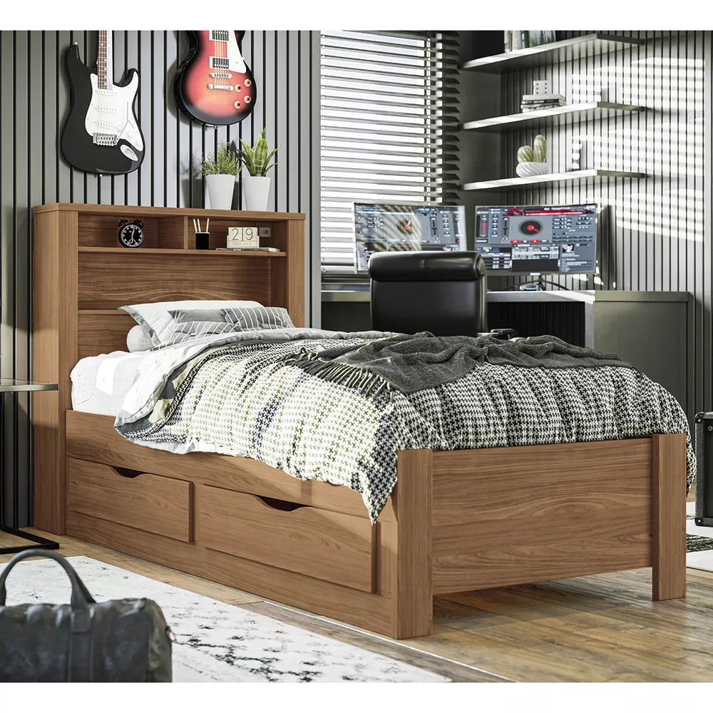 Cama de Solteiro com 2 Gavetas e Baú Invicta Santos Andirá