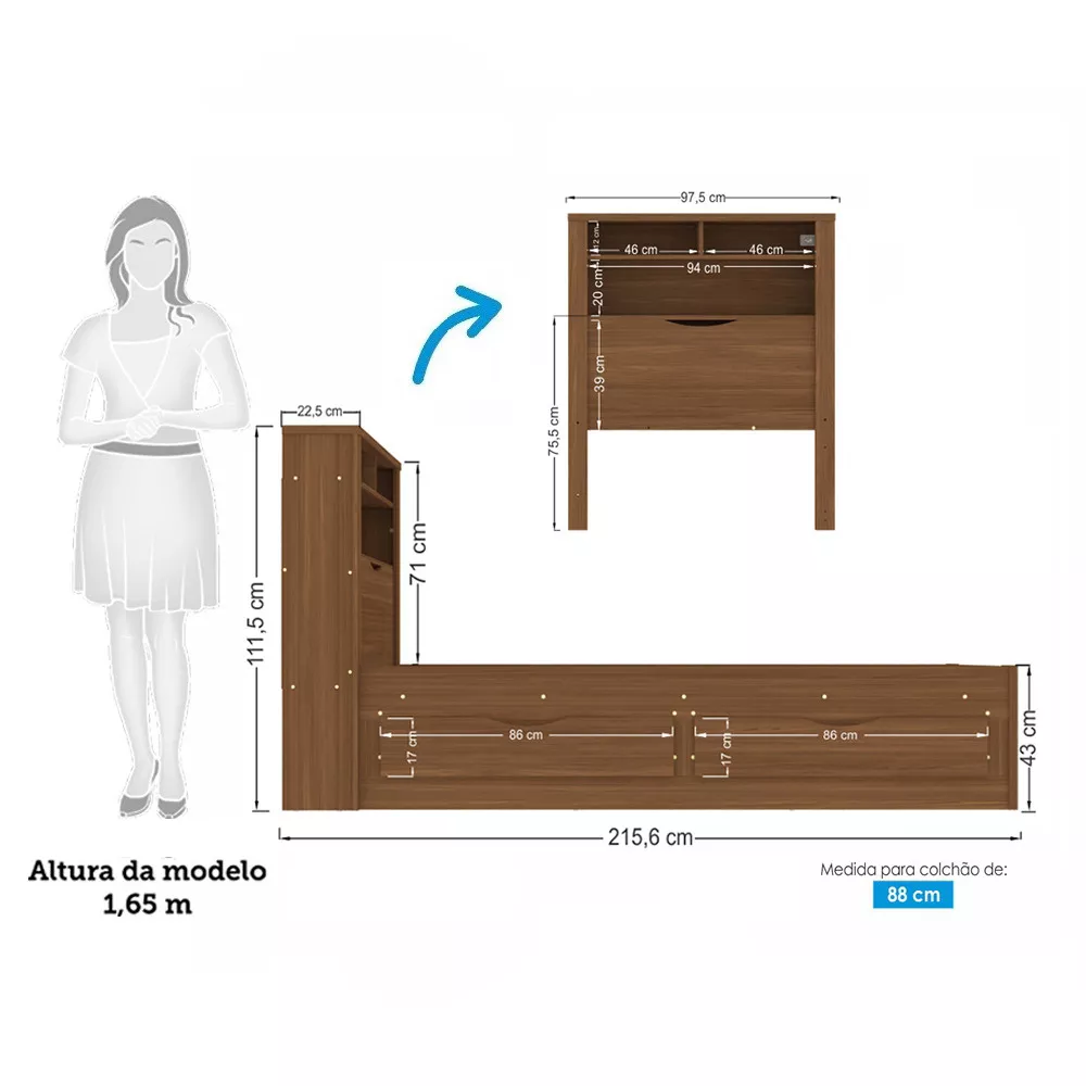 Cama de Solteiro com 2 Gavetas e Baú Invicta Santos Andirá