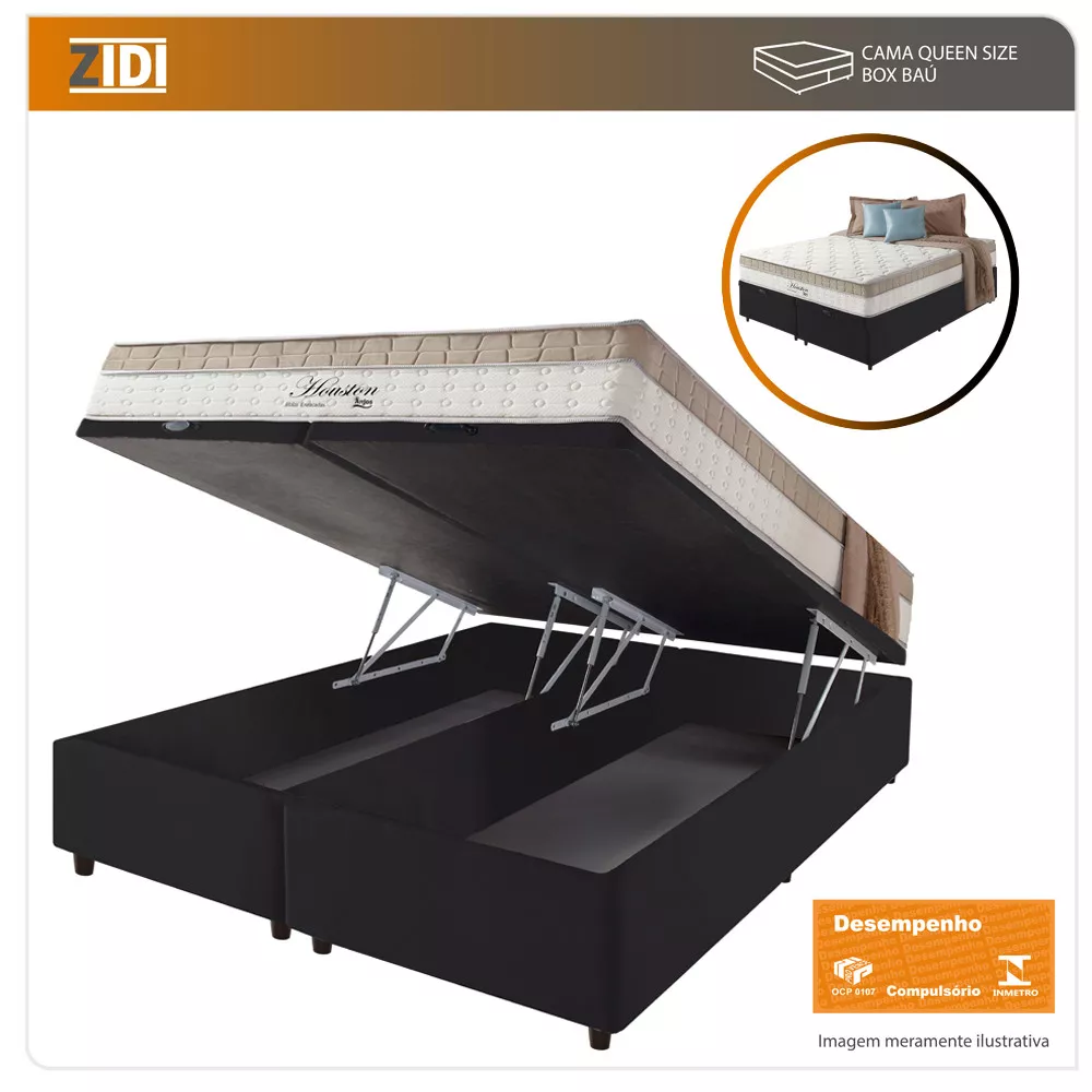 Cama Box Baú Queen Preto + Colchão Molas Ensacadas Houston Pillow Inn 158x198x70cm