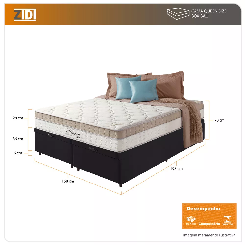 Cama Box Baú Queen Preto + Colchão Molas Ensacadas Houston Pillow Inn 158x198x70cm