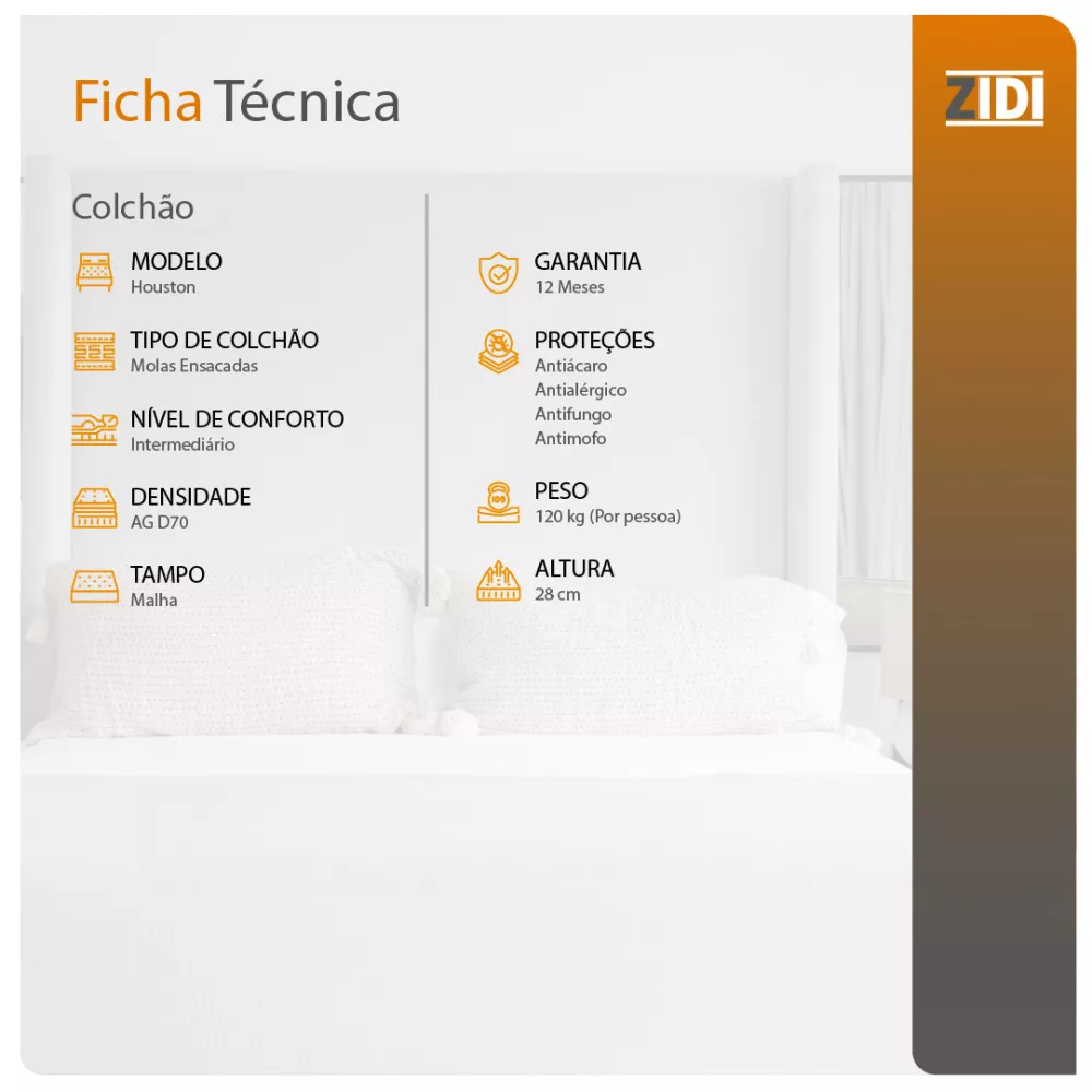 Colchão Solteiro King Houston Molas Ensacadas Pillow In 96x203x28cm