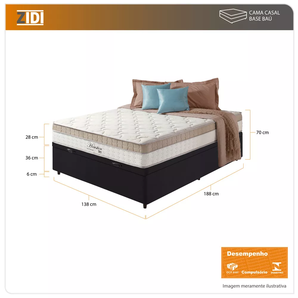 Cama Box Baú Casal Preto + Colchão Molas Ensacadas Houston Pillow Inn 138x188x70cm