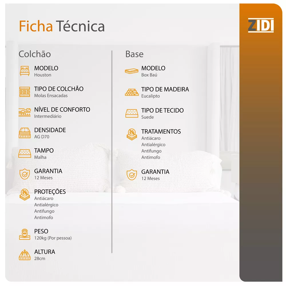 Cama Box Baú Casal Preto + Colchão Molas Ensacadas Houston Pillow Inn 138x188x70cm