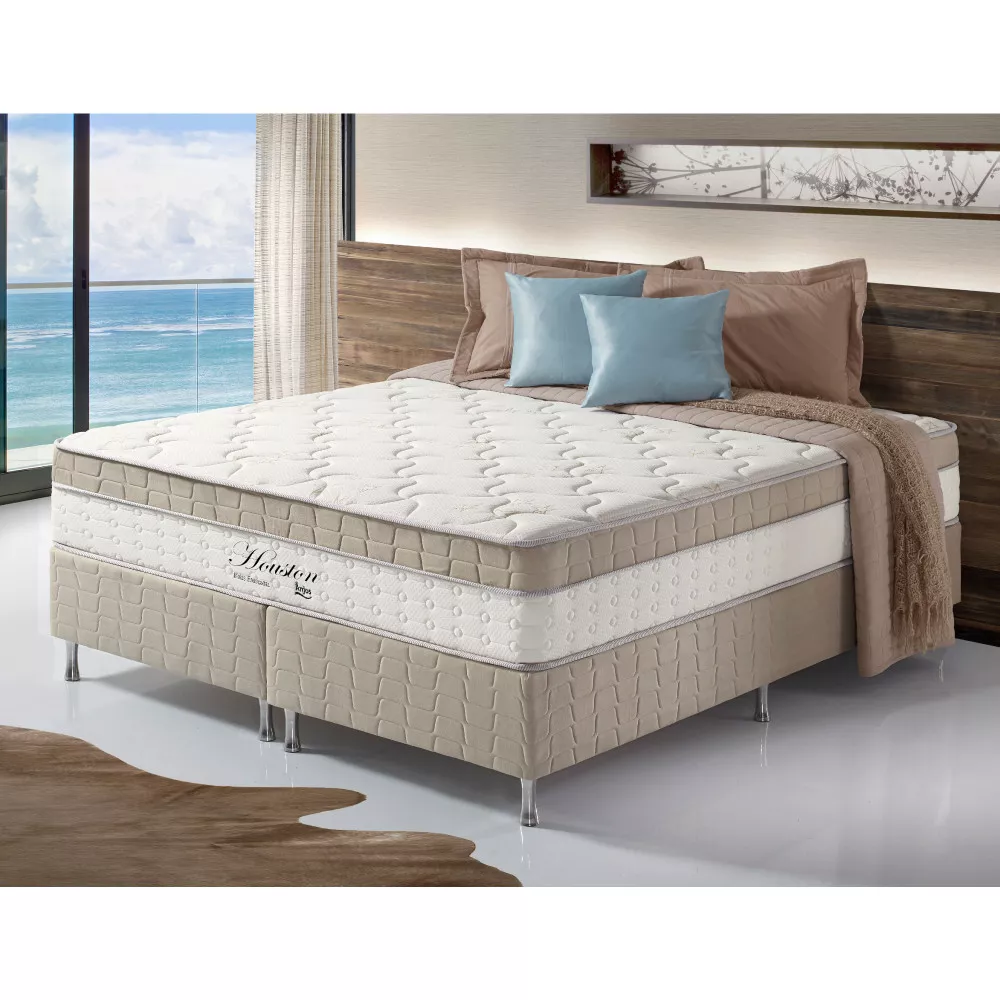 Cama Box King Bege + Colchão Molas Ensacadas Houston Pillow Inn 193x203x65cm