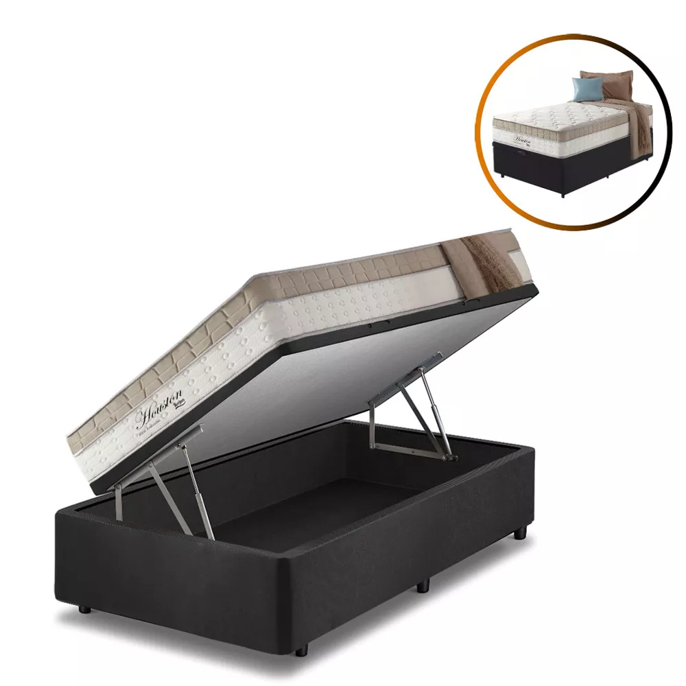 Cama Box Baú Solteiro Preto + Colchão Molas Ensacadas Houston Pillow Inn 88x188x70cm