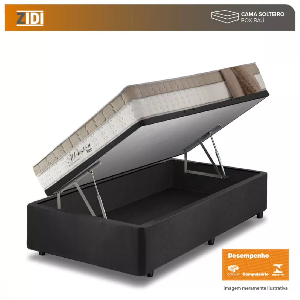 Cama Box Baú Solteiro Preto + Colchão Molas Ensacadas Houston Pillow Inn 88x188x70cm