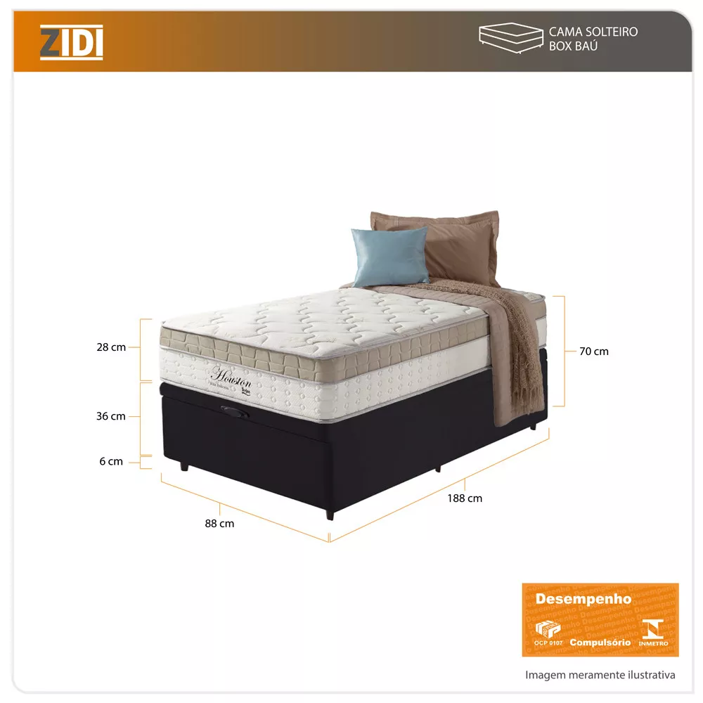 Cama Box Baú Solteiro Preto + Colchão Molas Ensacadas Houston Pillow Inn 88x188x70cm