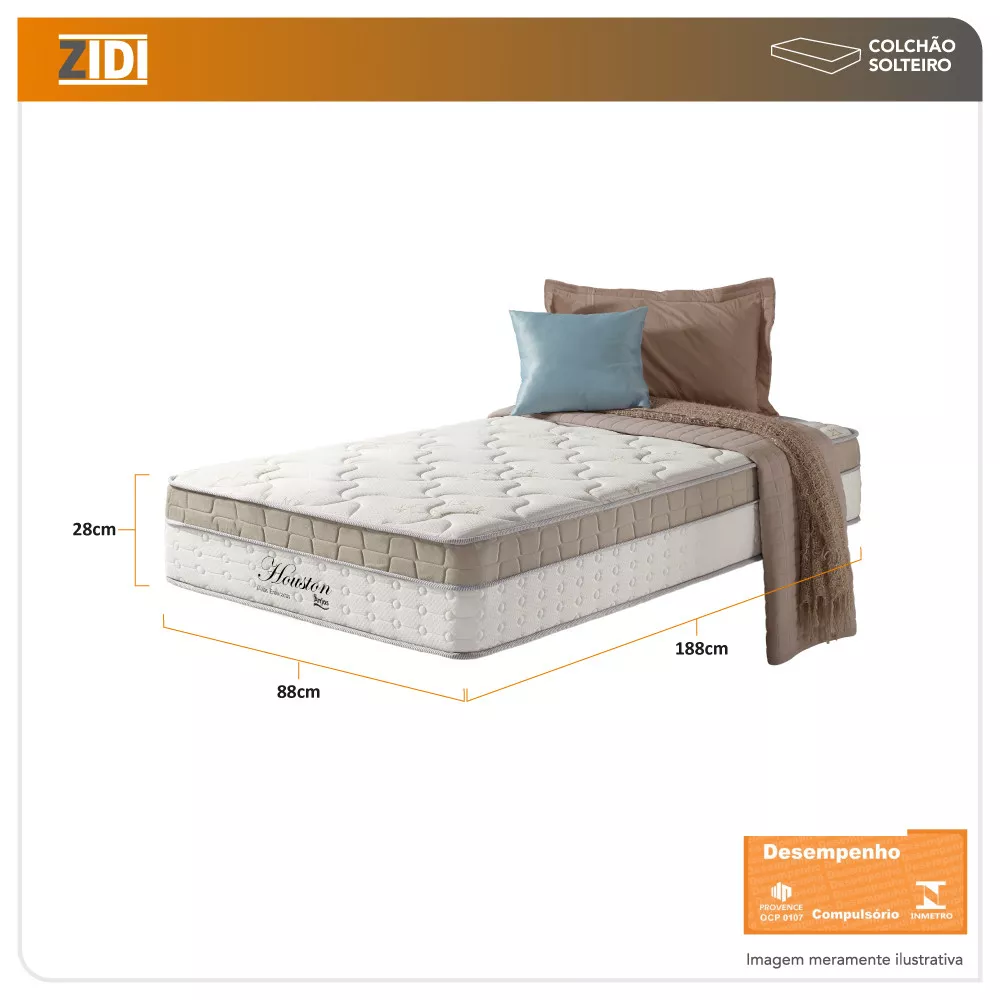 Colchão Solteiro Houston Molas Ensacadas Pillow In 88x188x28cm