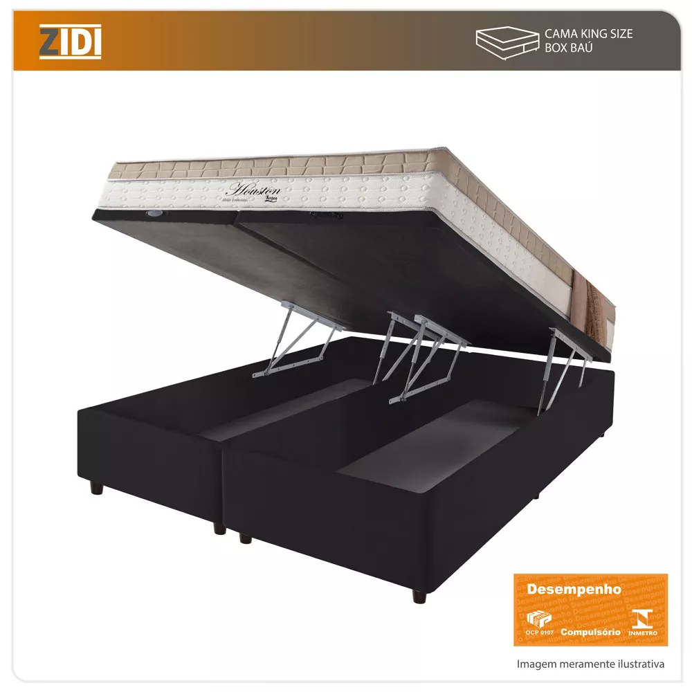 Cama Box Baú King Preto + Colchão Molas Ensacadas Houston Pillow Inn 193x203x70cm