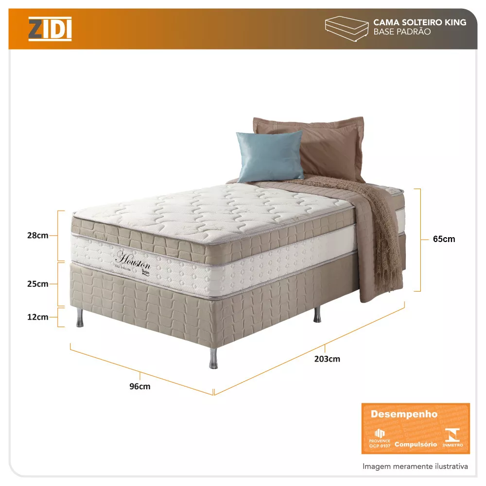 Image 1 of 5 of Cama Box Solteiro King Bege + Colchão Molas Ensacadas Houston Pillow Inn96x203x65cm