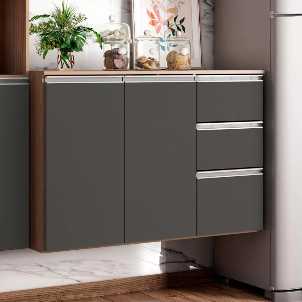 Balcão com Tampo 90cm 3 Portas 2 Gavetas Laura Poliman Móveis