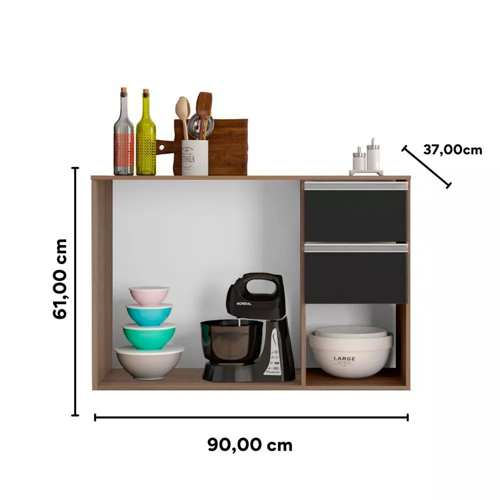 Balcão com Tampo 90cm 3 Portas 2 Gavetas Laura Poliman Móveis