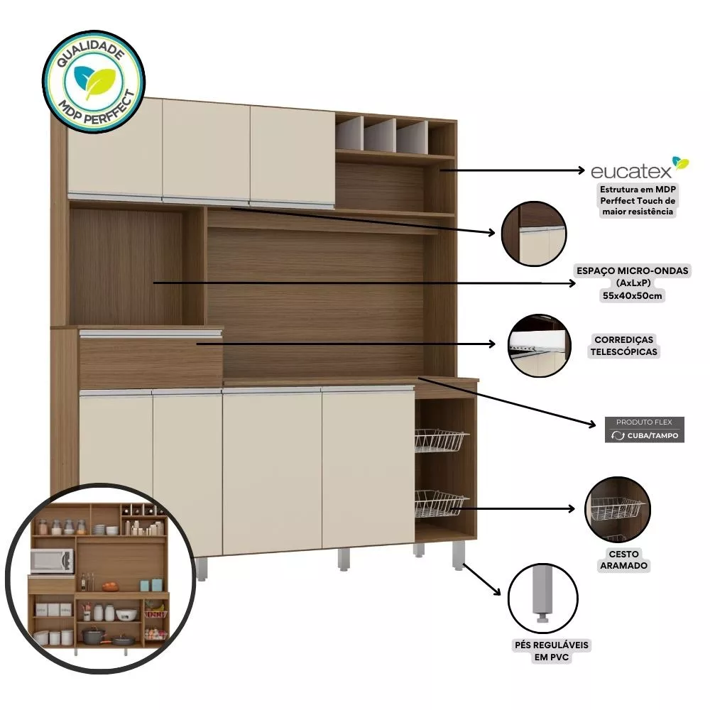 Kit Cozinha 7 Portas 1 Gaveta com Tampo Maria Poliman - Não Acompanha Cuba