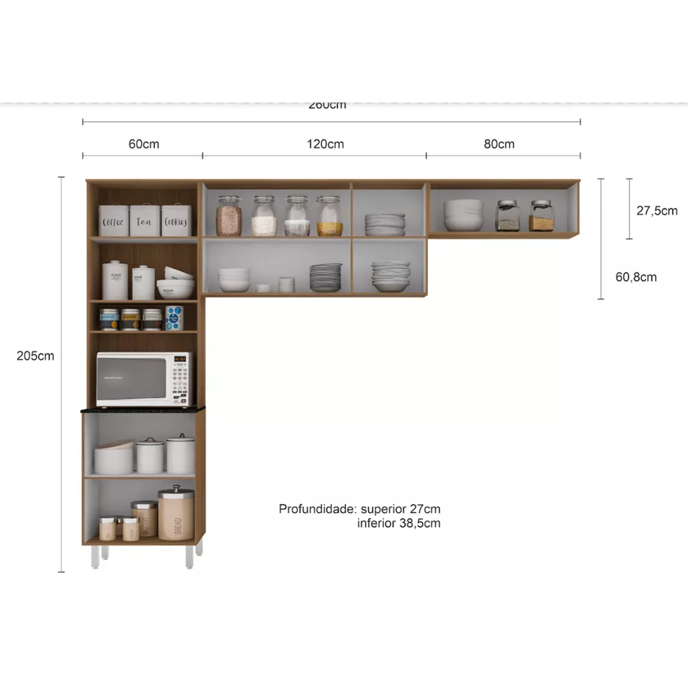 Cozinha Compacta Paneleiro e Aéreo 260 cm Paris Poliman
