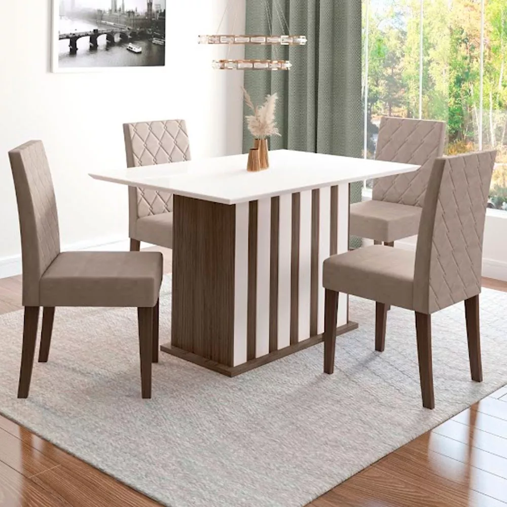Conjunto Sala de Jantar Mesa com Tampo Chanfrado Amalia 4 Cadeiras Estofadas Jade Poliman