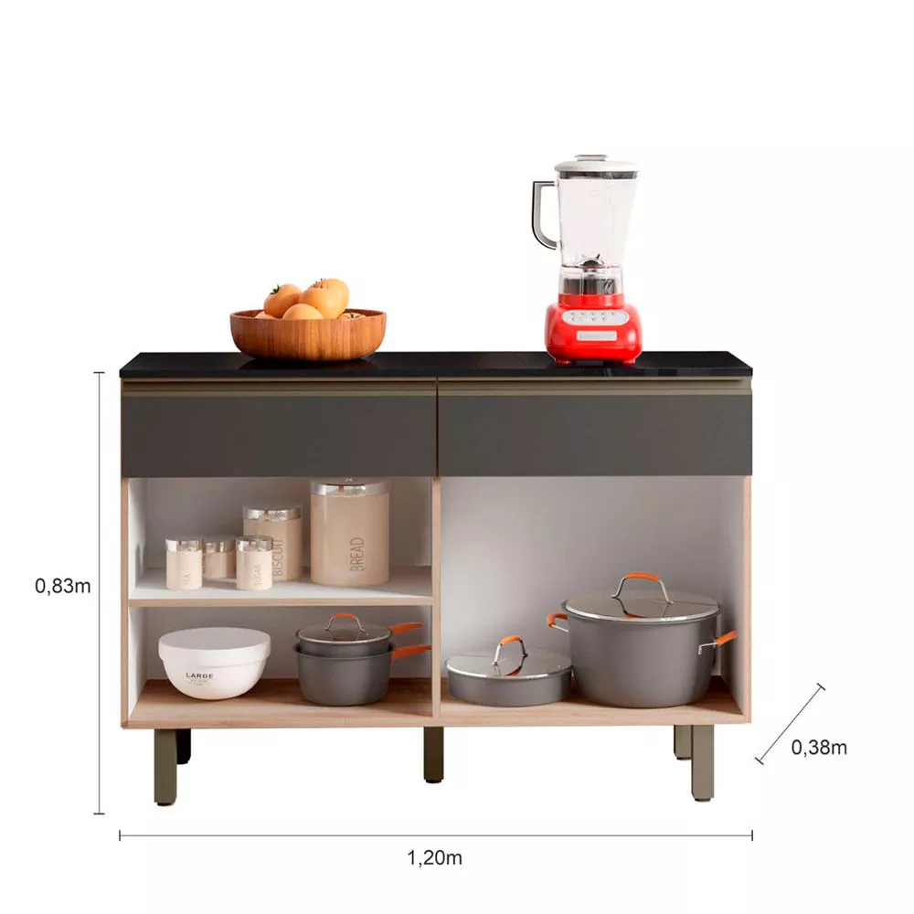 Balcão Cozinha com Tampo 120 cm 2 Portas 2 Gavetas Porto Poliman