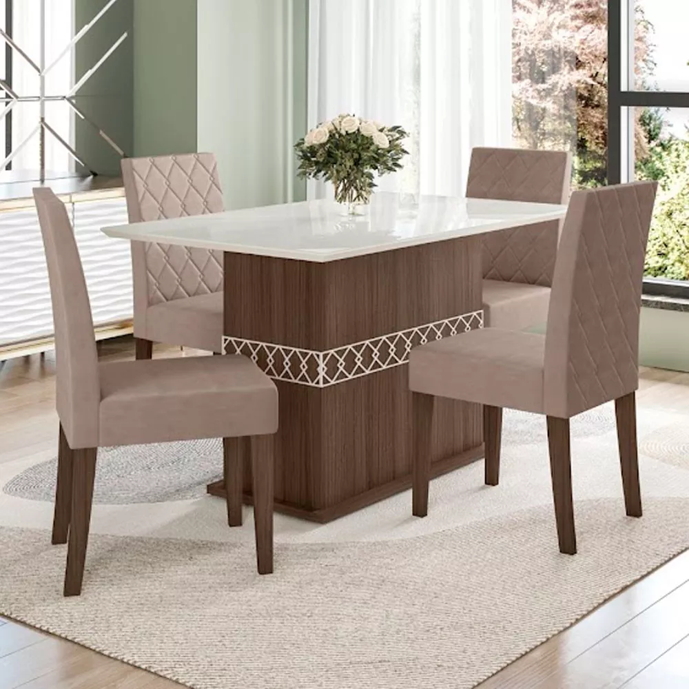 Conjunto Sala de Jantar Mesa com Tampo Chanfrado Agata 4 Cadeiras Estofadas Jade Poliman