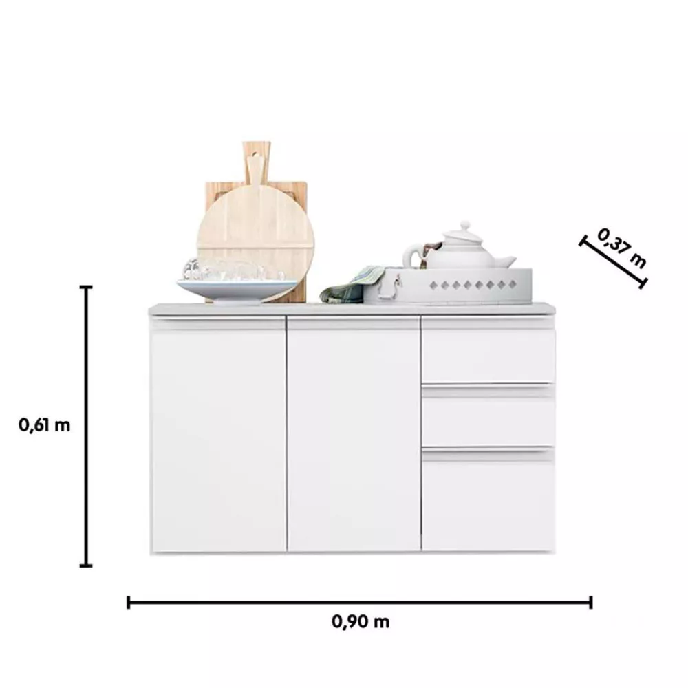 Balcão com Tampo 90cm 3 Portas 2 Gavetas Laura Poliman Móveis