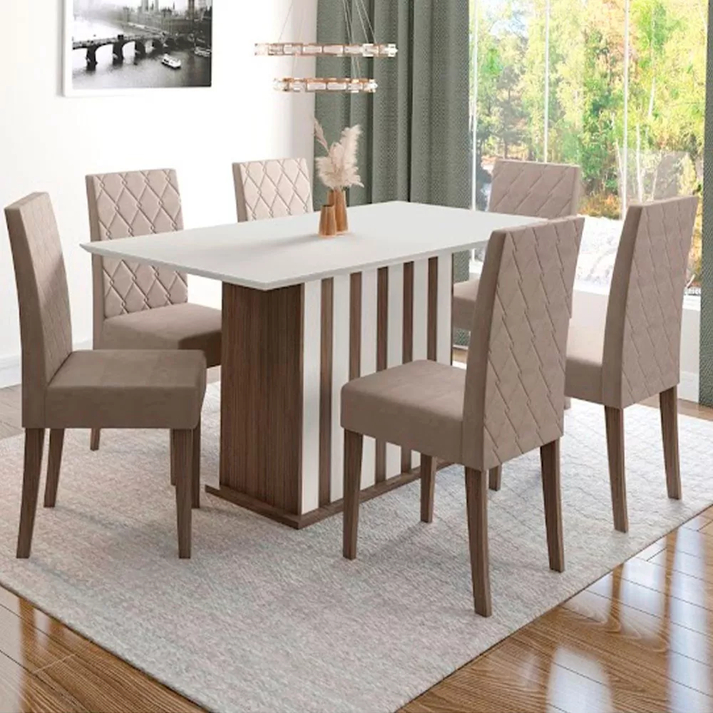 Conjunto Sala de Jantar Mesa com Tampo Chanfrado Amalia 6 Cadeiras Estofadas Jade Poliman