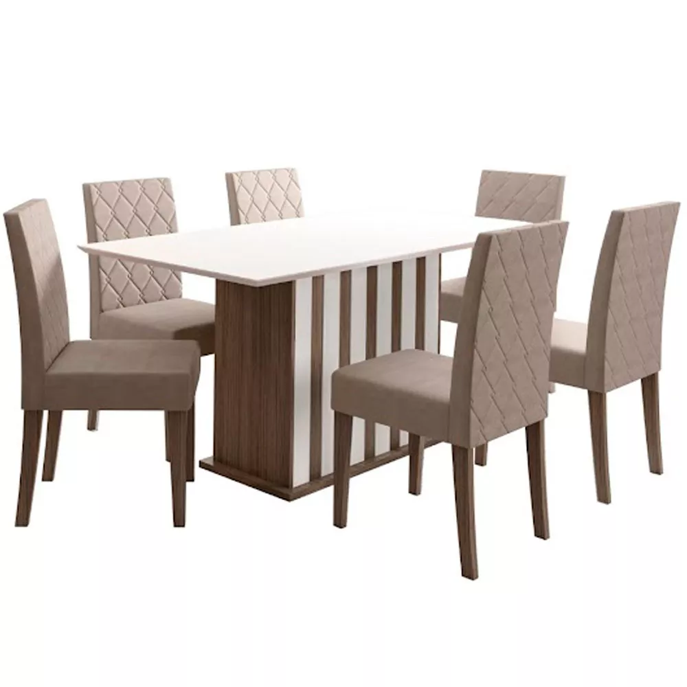 Conjunto Sala de Jantar Mesa com Tampo Chanfrado Amalia 6 Cadeiras Estofadas Jade Poliman