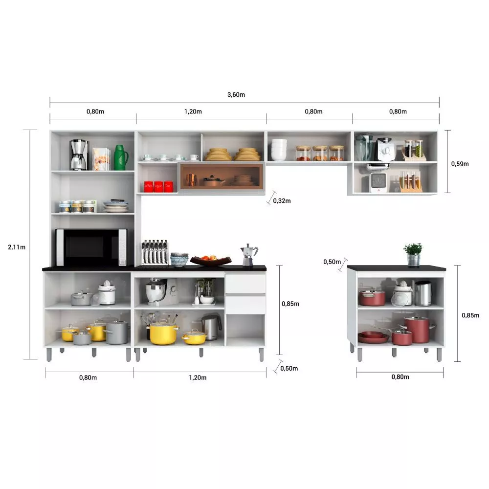 Cozinha Modulada 6 Peças 14 Portas 2 Gavetas Com Torre Quente Evidence Poliman Móveis