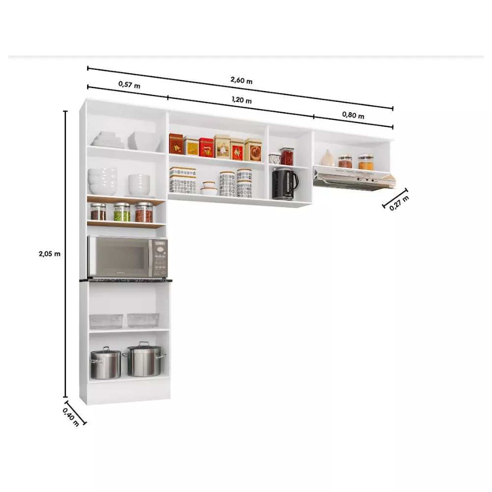 Cozinha Compacta Paneleiro e Aéreo 260 cm Paris Poliman