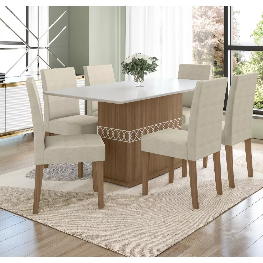 Conjunto Sala de Jantar Retangular Mesa Agata 160cm e 06 Cadeiras Josi Poliman Móveis