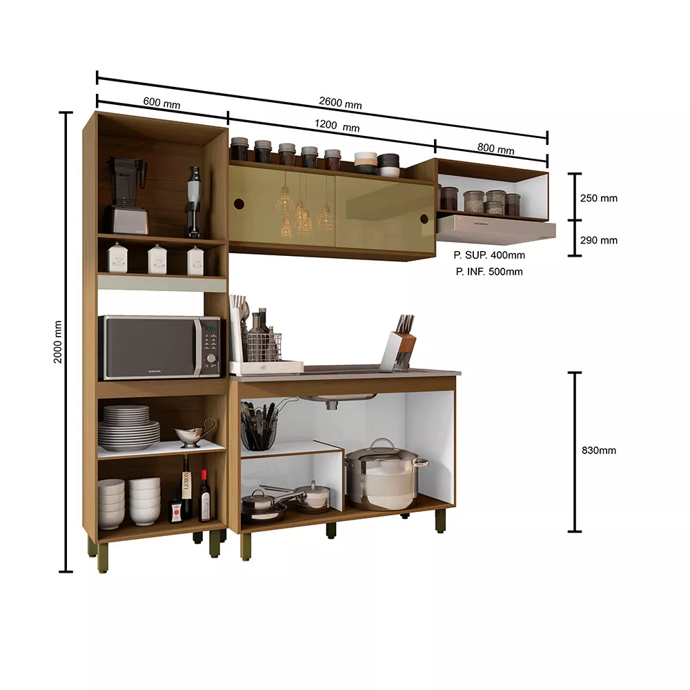 Cozinha Compacta 7 Portas 2 Gavetas Com Balcão Tampo Porto