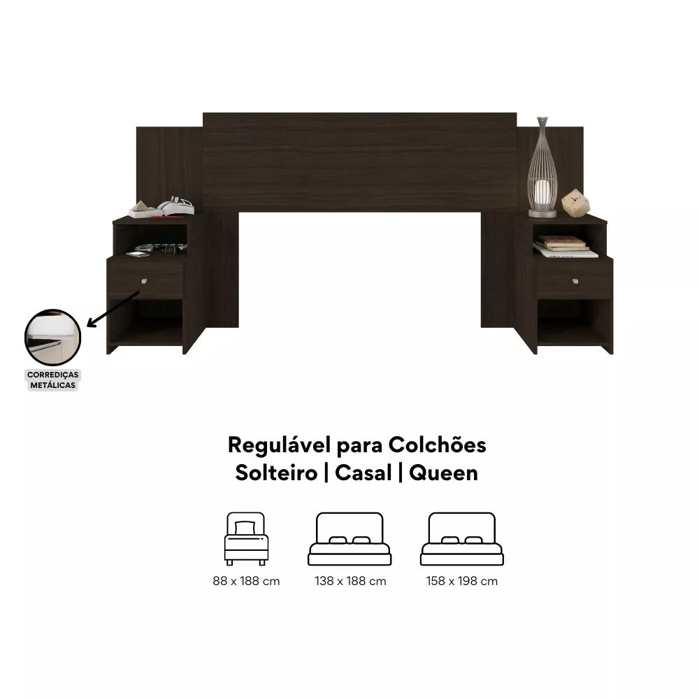 Image 3 of 4 of Cabeceira Extensível Cama Solteiro, Casal e Queen com Mesa de Cabeceira Maceió Poliman Móveis