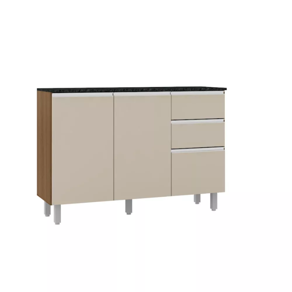 Balcão com Tampo 120 cm 3 portas 2 Gavetas Paris