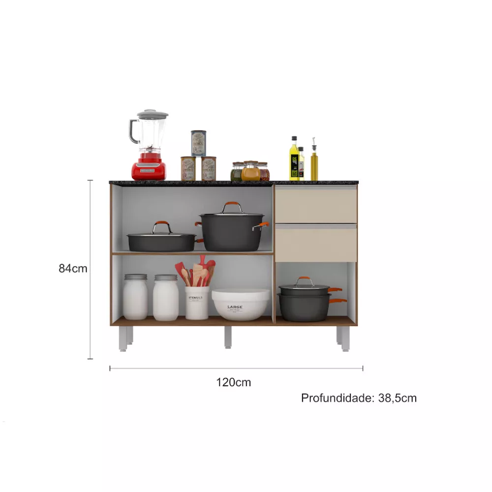 Balcão com Tampo 120 cm 3 portas 2 Gavetas Paris