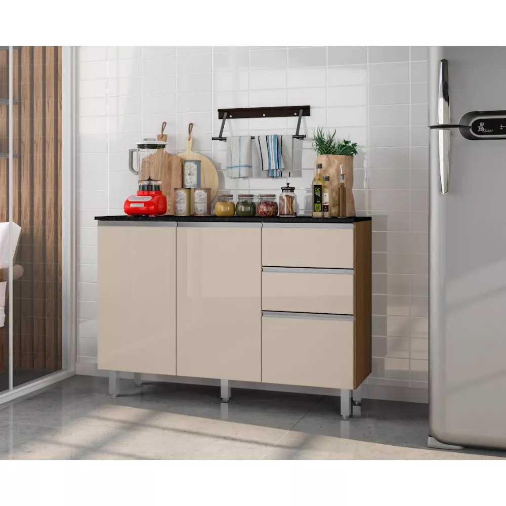 Balcão com Tampo 120 cm 3 portas 2 Gavetas Paris