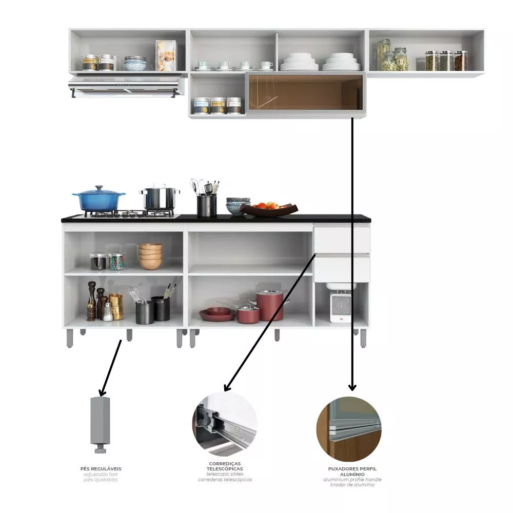Cozinha Modulada Aérea 5 Peças 9 Portas 2 Gavetas Evidence