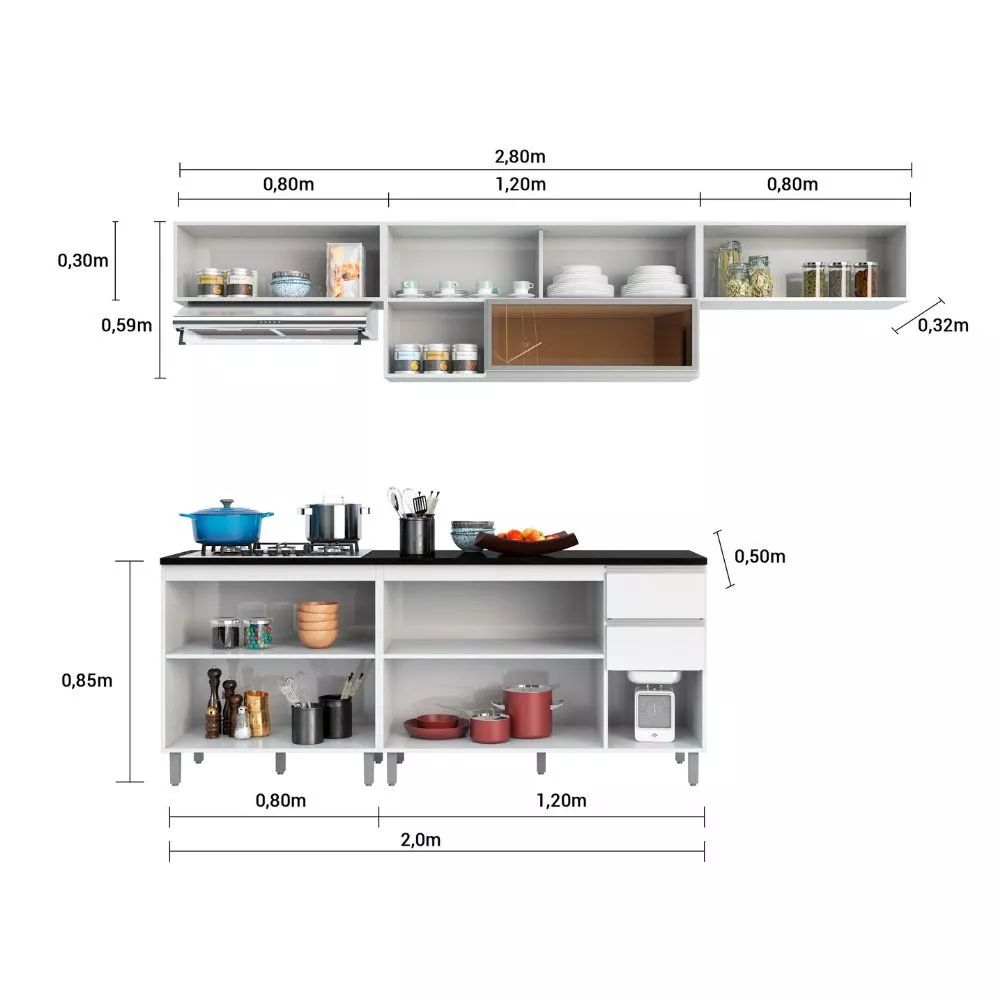Cozinha Modulada Aérea 5 Peças 9 Portas 2 Gavetas Evidence