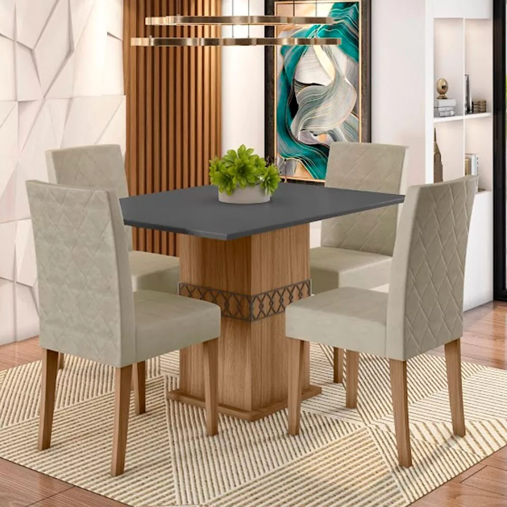 Image 0 of 7 of Conjunto Sala de Jantar Mesa com Tampo Chanfrado e 4 Cadeiras Estofadas Jade Poliman