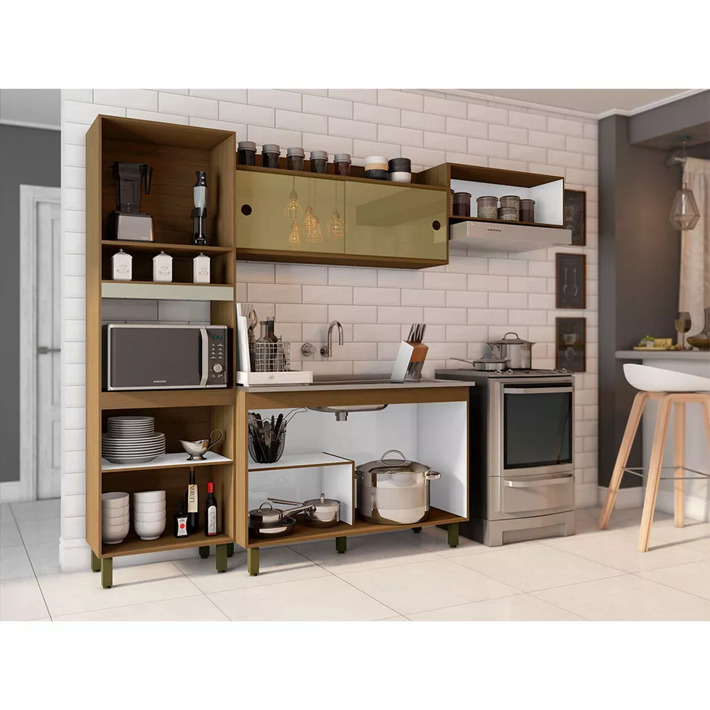 Cozinha Compacta Porto com Balcão Para Pia e Nicho Micro-Ondas 7 Portas Poliman Móveis