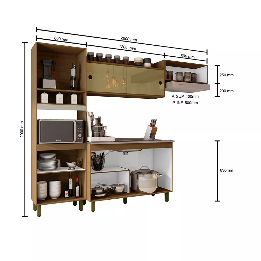 Cozinha Compacta Porto com Balcão Para Pia e Nicho Micro-Ondas 7 Portas Poliman Móveis